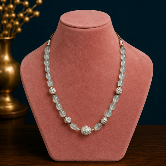 Sterling silver necklace with aqua quartz stones and silver beads, stylish handmade party jewelry by TRIBAL ORNAMENTS