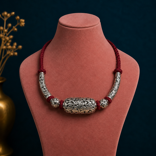 Sterling silver beaded necklace by TRIBAL ORNAMENTS, stylish wedding choker with ethnic tribal jewelry design for brides.