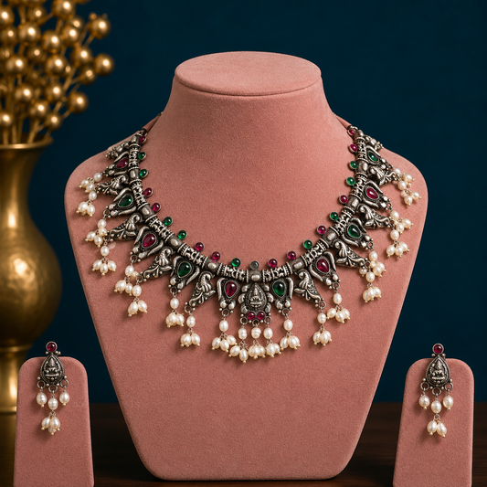 Sterling silver Goddess Laxmi necklace with hanging pearls, vintage tribal design, ideal for brides and belly dance jewelry.