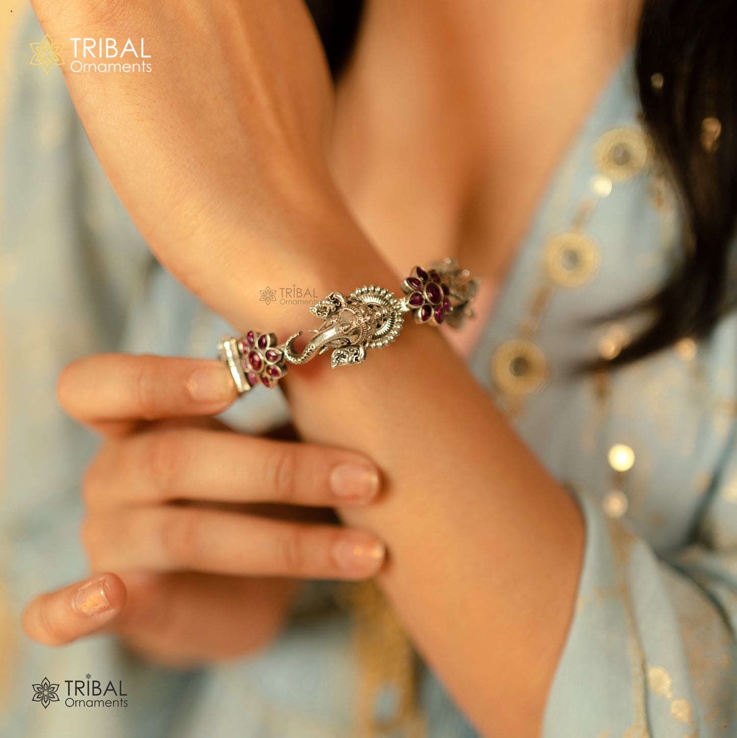 925 sterling silver idol Ganesha design bangle bracelet kada with amazing floral style red stone, best gifting ethnic jewelry ba120