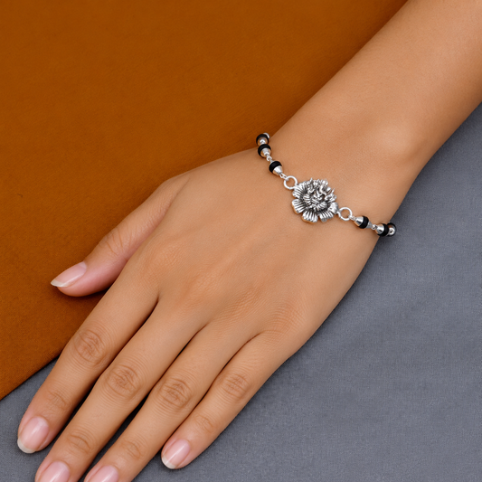 925 sterling silver Lord Ganesha with flower design black Tulsi beads bracelet Rakhi rk398