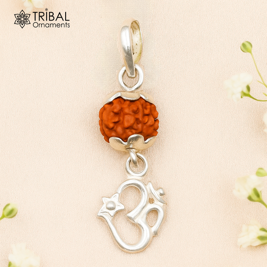 vintage design Sterling silver Aum mantra pendant with Natural rudraksha beads excellent unisex gifting light weight jewelry nsp281