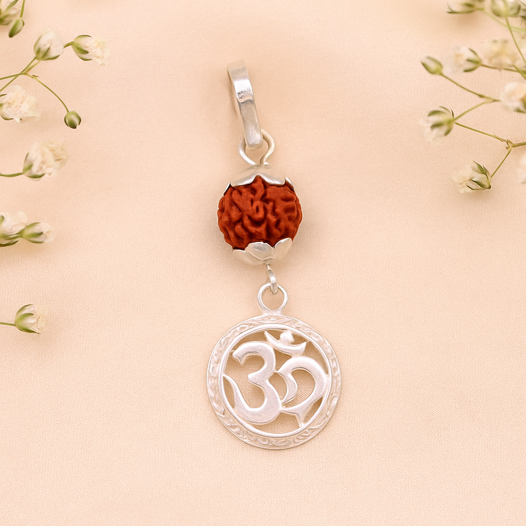 Vintage antique solid silver handmade aum pendant with natural rudraksh beads pendant jewelry nsp90