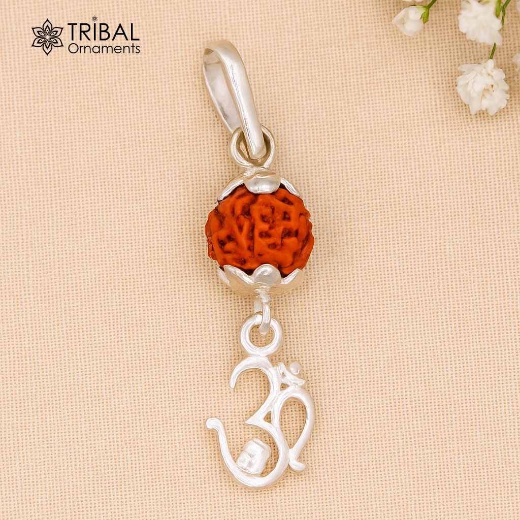 Handmade Sterling silver aum mantra pendant, Rudraksha pendant , vintage designer jewelry from india nsp283