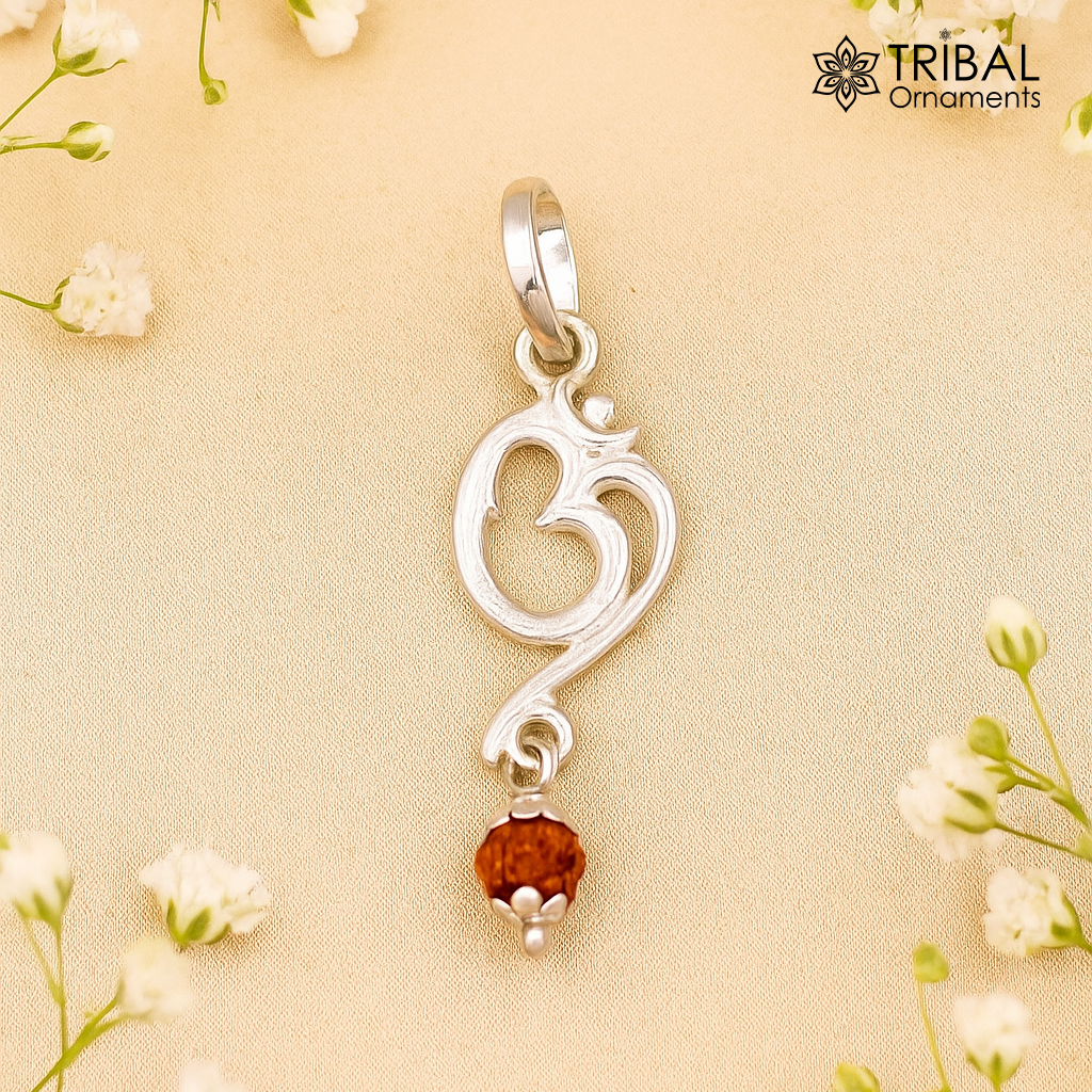 Fabulous Aum pendant with real rudraksha beads solid silver pendant unisex jewelry tribal jewelry from Rajasthan india nsp93