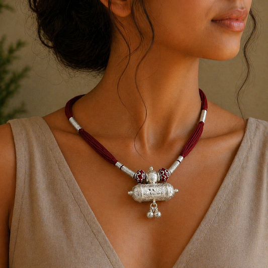 Customized Indian traditional silver charm necklace with vintage design, ideal for brides and tribal wedding jewelry by TRIBAL ORNAMENTS