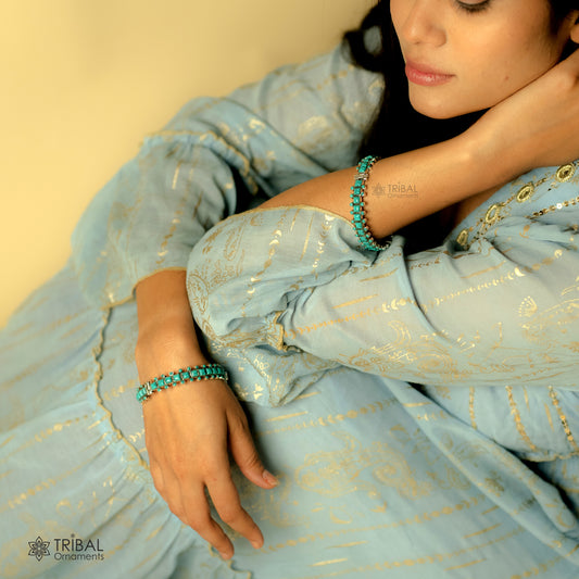 925 sterling silver handmade gorgeous tribal Stylish bangle bracelet kada, gorgeous turquoise stone wedding gifting jewelry nsk816 - TRIBAL ORNAMENTS