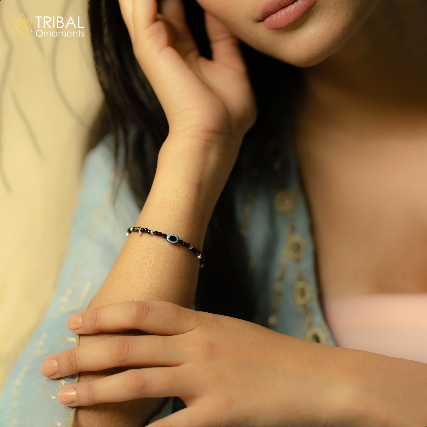 925 sterling silver and evil eye black beaded chain bracelet Combo use mother bracelet or baby anklets, sbr749
