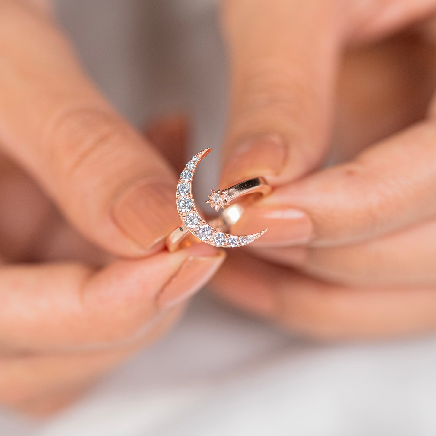 Moon and star design rose gold silver ring - TRIBAL ORNAMENTS
