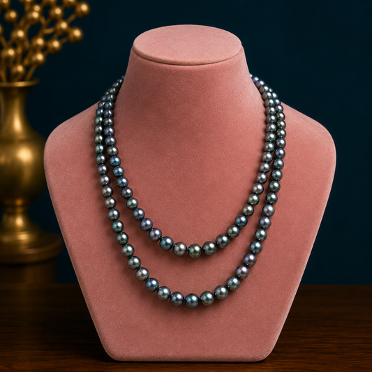 Dark gray 9mm freshwater pearl beaded necklace, 48-inch chain, shiny jewelry for brides and grooms by TRIBAL ORNAMENTS