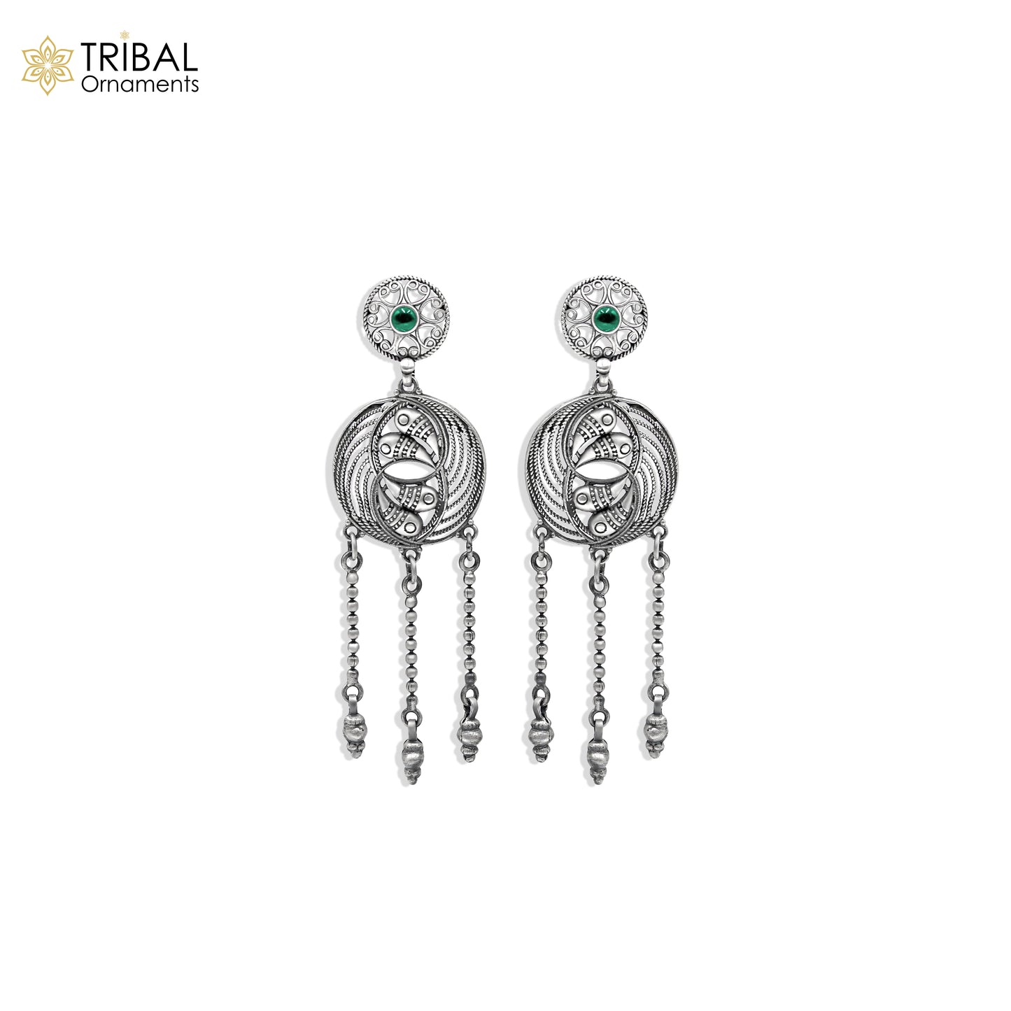925 sterling silver ethnic tribal design long drop dangle earring s1344 - TRIBAL ORNAMENTS