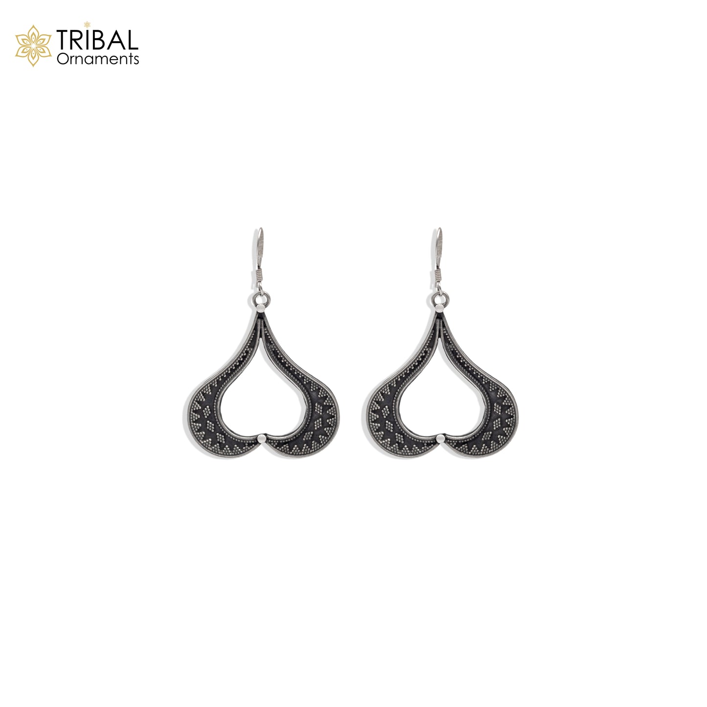925 sterling silver heart shape and ethnic tribal design long drop dangle earring s1345 - TRIBAL ORNAMENTS