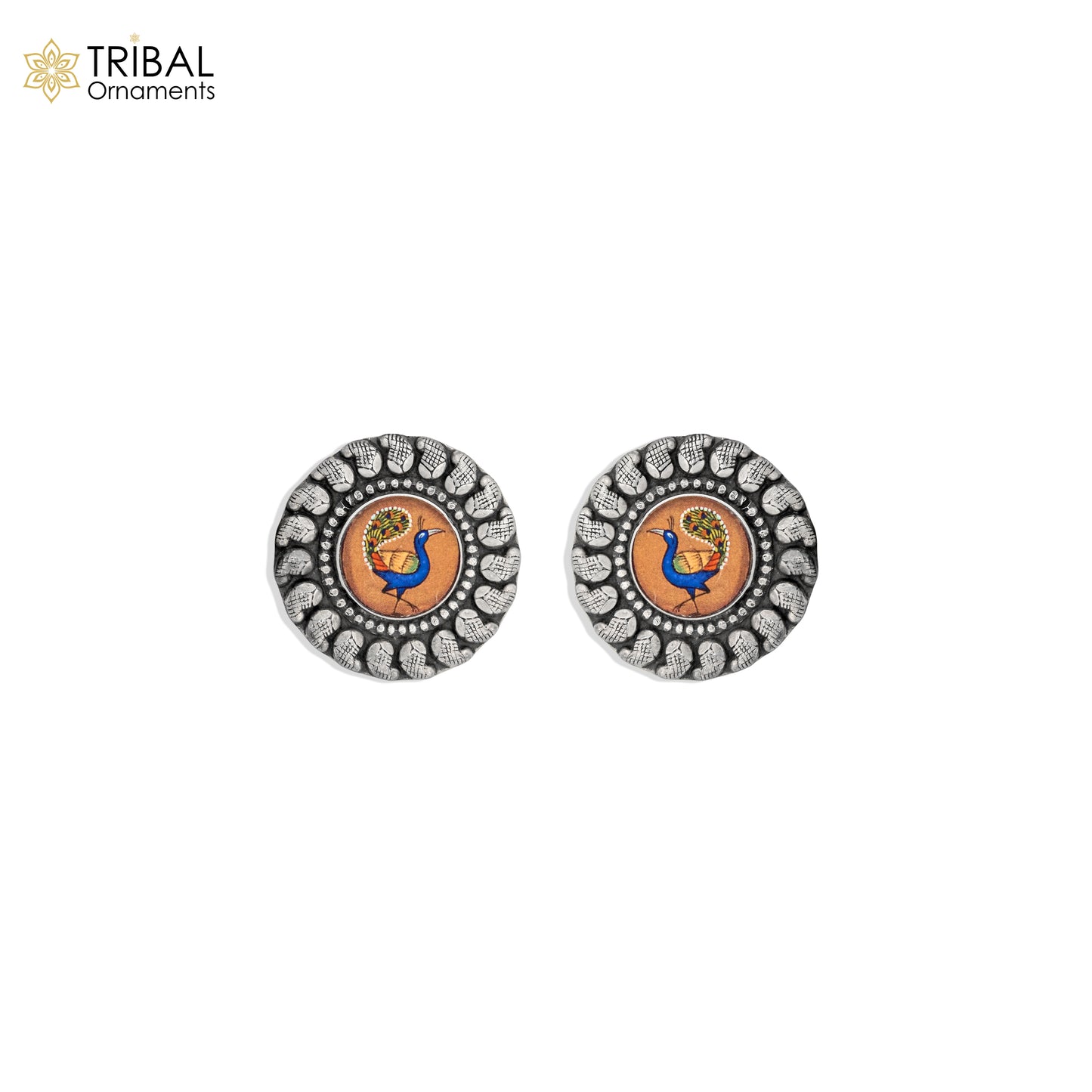 925 sterling silver peacock design painting miniature art Painting stud earring s1354 - TRIBAL ORNAMENTS