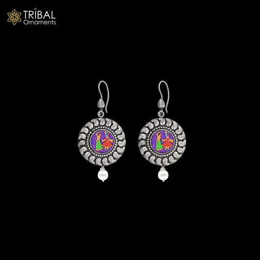 925 sterling silver lord Radha krishna painting miniature art Painting drop dangle earring s1355 - TRIBAL ORNAMENTS