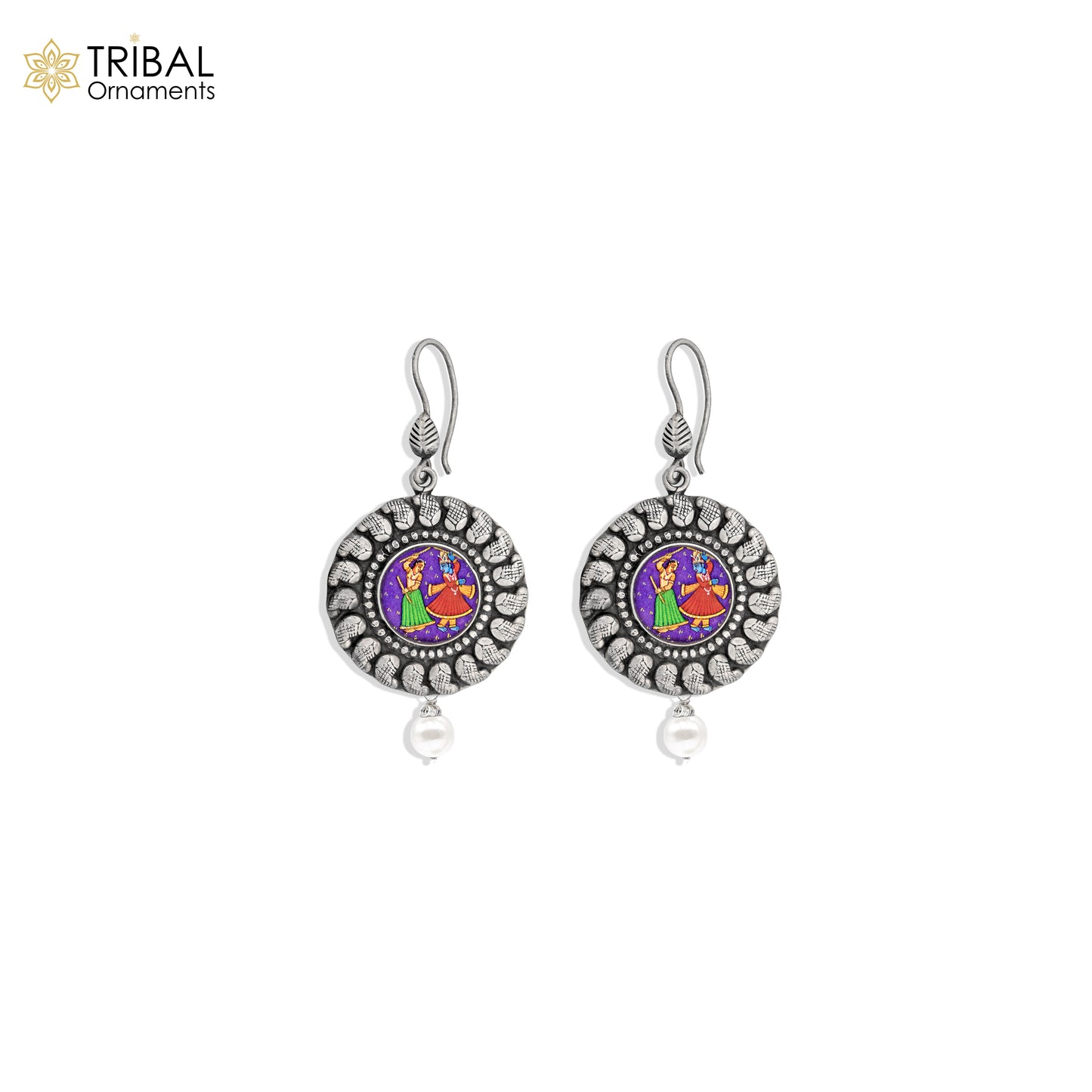 925 sterling silver lord Radha krishna painting miniature art Painting drop dangle earring s1355 - TRIBAL ORNAMENTS