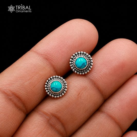 925 sterling silver round shape blue turquoise stone stud earring best unisex jewelry ER281