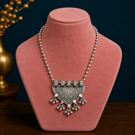 Elegant handmade Indian tribal silver necklace with intricate traditional design, perfect for ethnic and cultural jewelry styles.