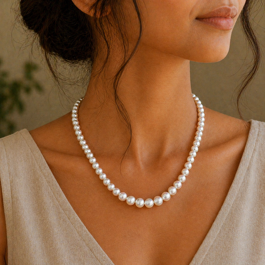 Freshwater pearl necklace set with 4-9mm pearls, single layer, elegant jewelry suitable for weddings or daily wear by TRIBAL ORNAMENTS.