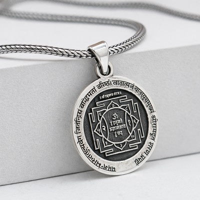 Handmade 925 sterling silver Lord Hanuman Yantra pendant with chain, featuring tribal jewelry design by TRIBAL ORNAMENTS.