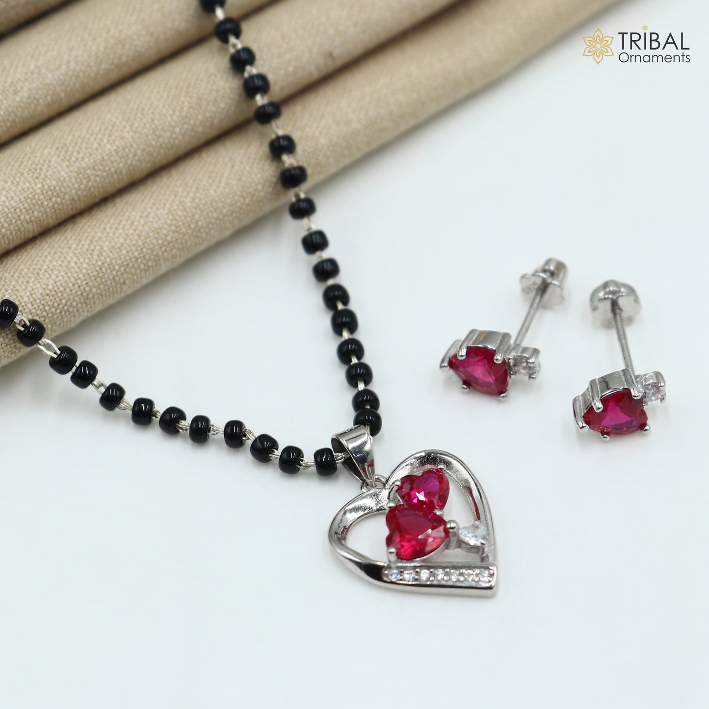 18 inches 925 sterling silver pink stone heart shape mangalsutra with earring ms153