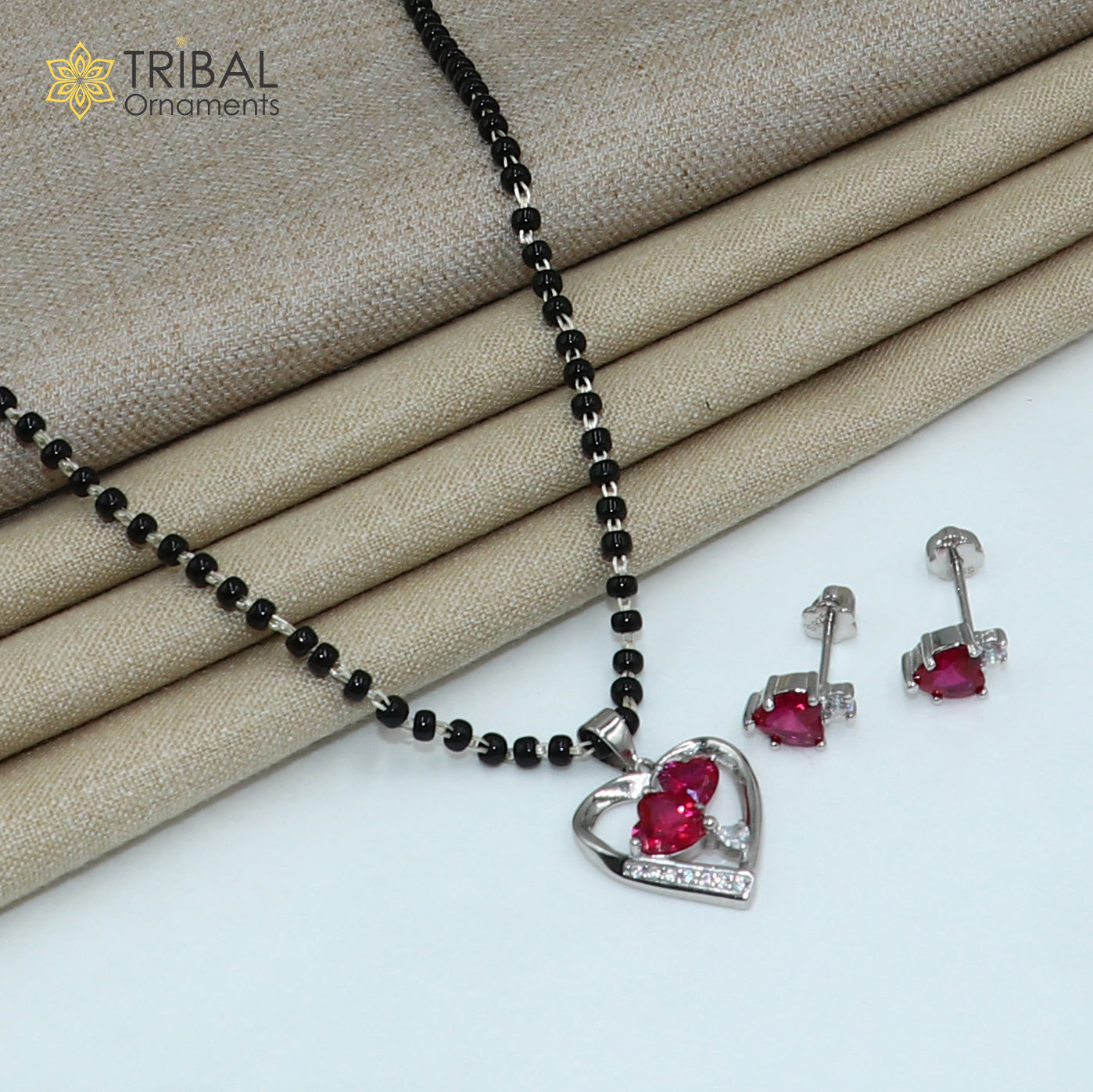 18 inches 925 sterling silver pink stone heart shape mangalsutra with earring ms153