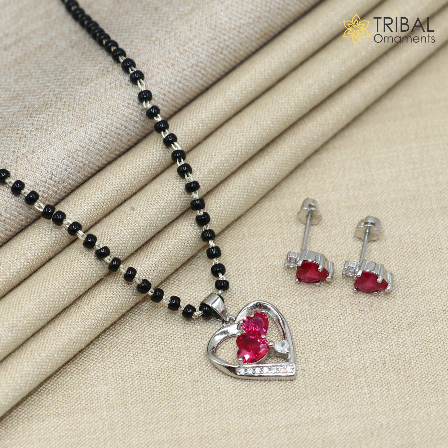 18 inches 925 sterling silver pink stone heart shape mangalsutra with earring ms153