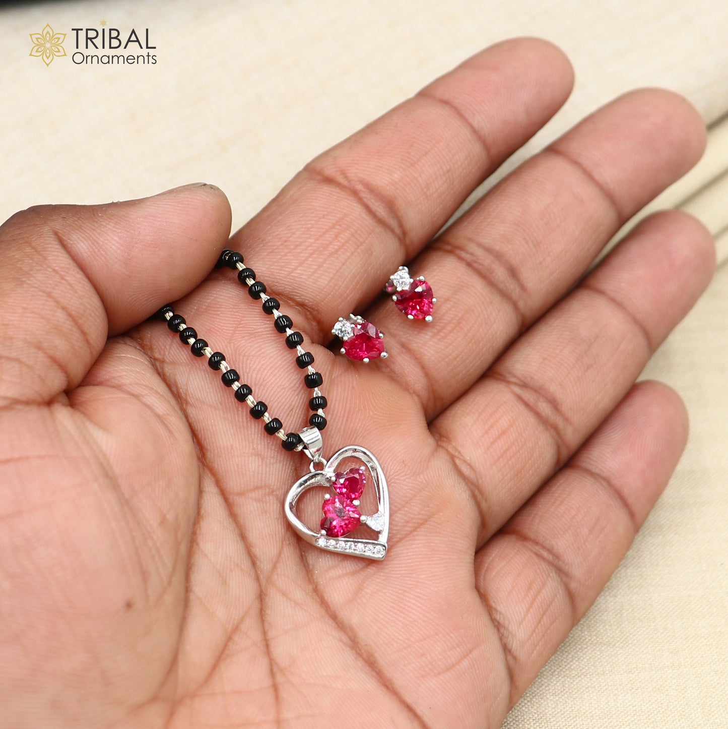 18 inches 925 sterling silver pink stone heart shape mangalsutra with earring ms153