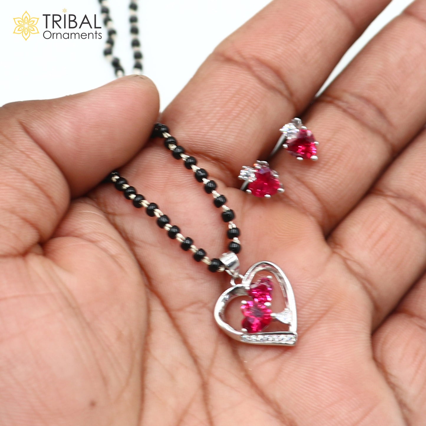 18 inches 925 sterling silver pink stone heart shape mangalsutra with earring ms153