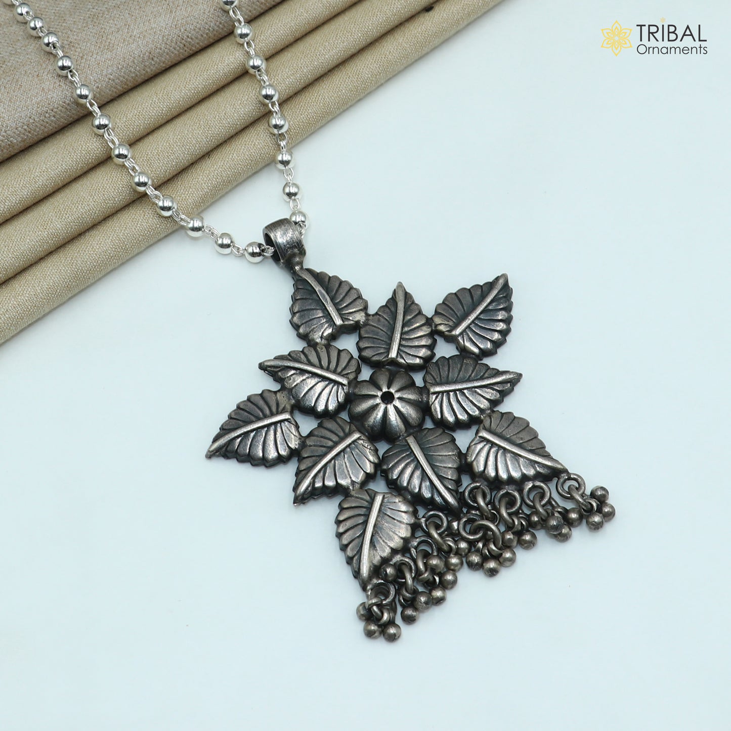 4 mm 26 inches beaded chain 925 sterling silver flower design charm necklace tribal jewelry set728