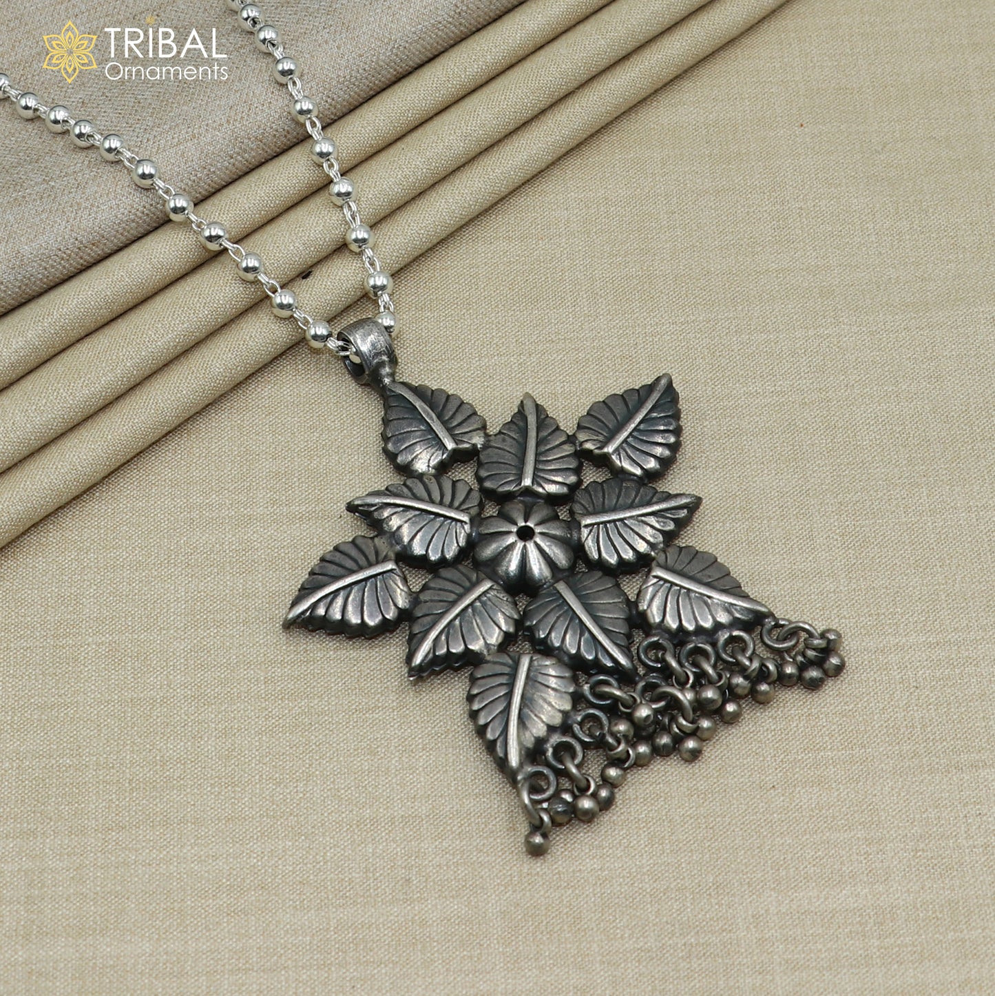 4 mm 26 inches beaded chain 925 sterling silver flower design charm necklace tribal jewelry set728