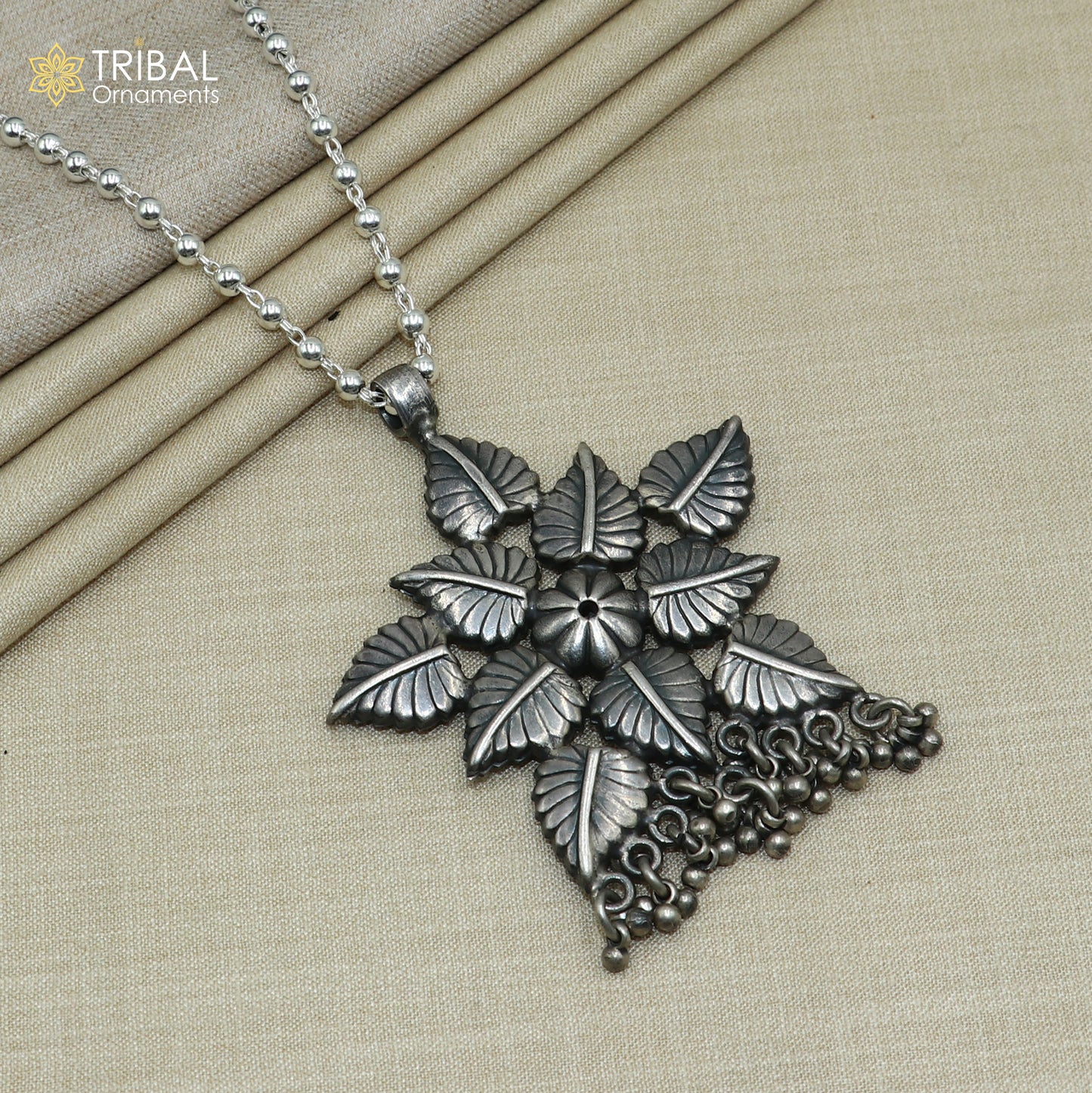 4 mm 26 inches beaded chain 925 sterling silver flower design charm necklace tribal jewelry set728