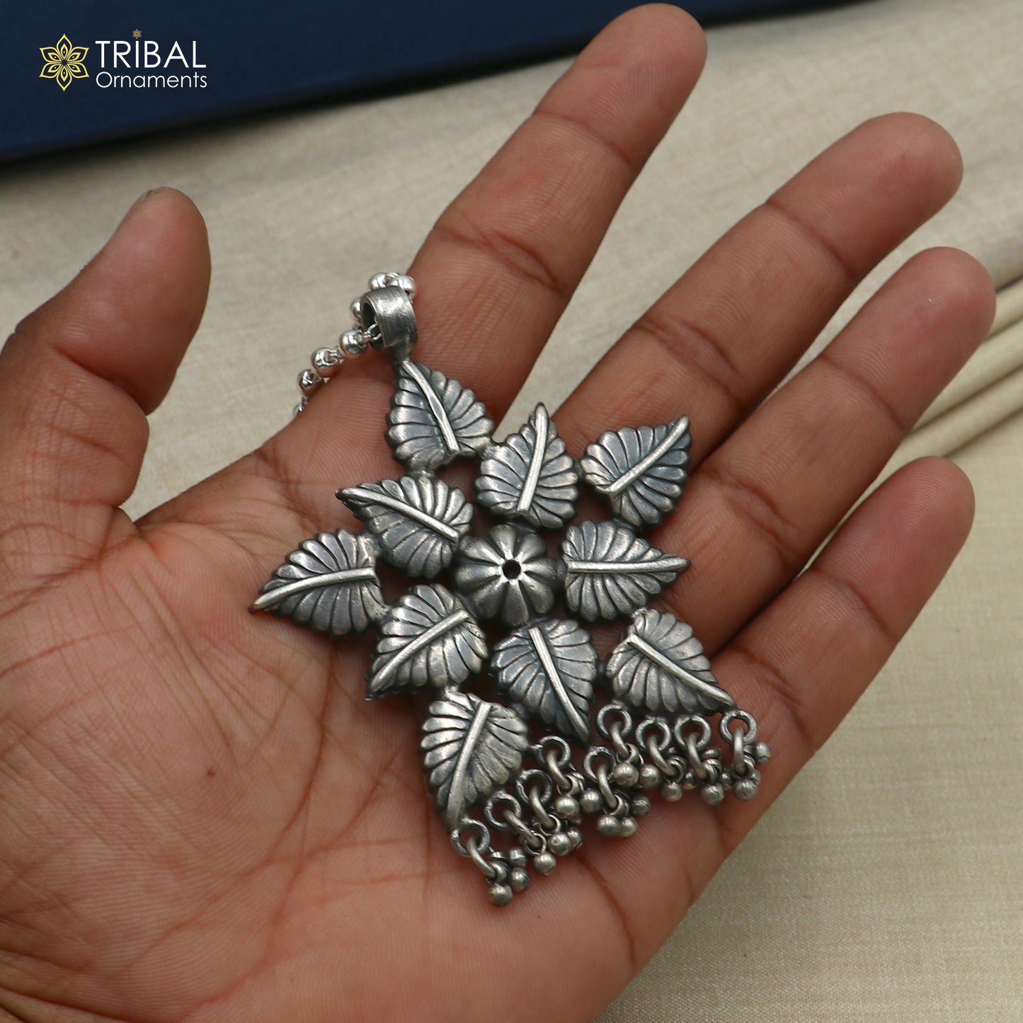 4 mm 26 inches beaded chain 925 sterling silver flower design charm necklace tribal jewelry set728
