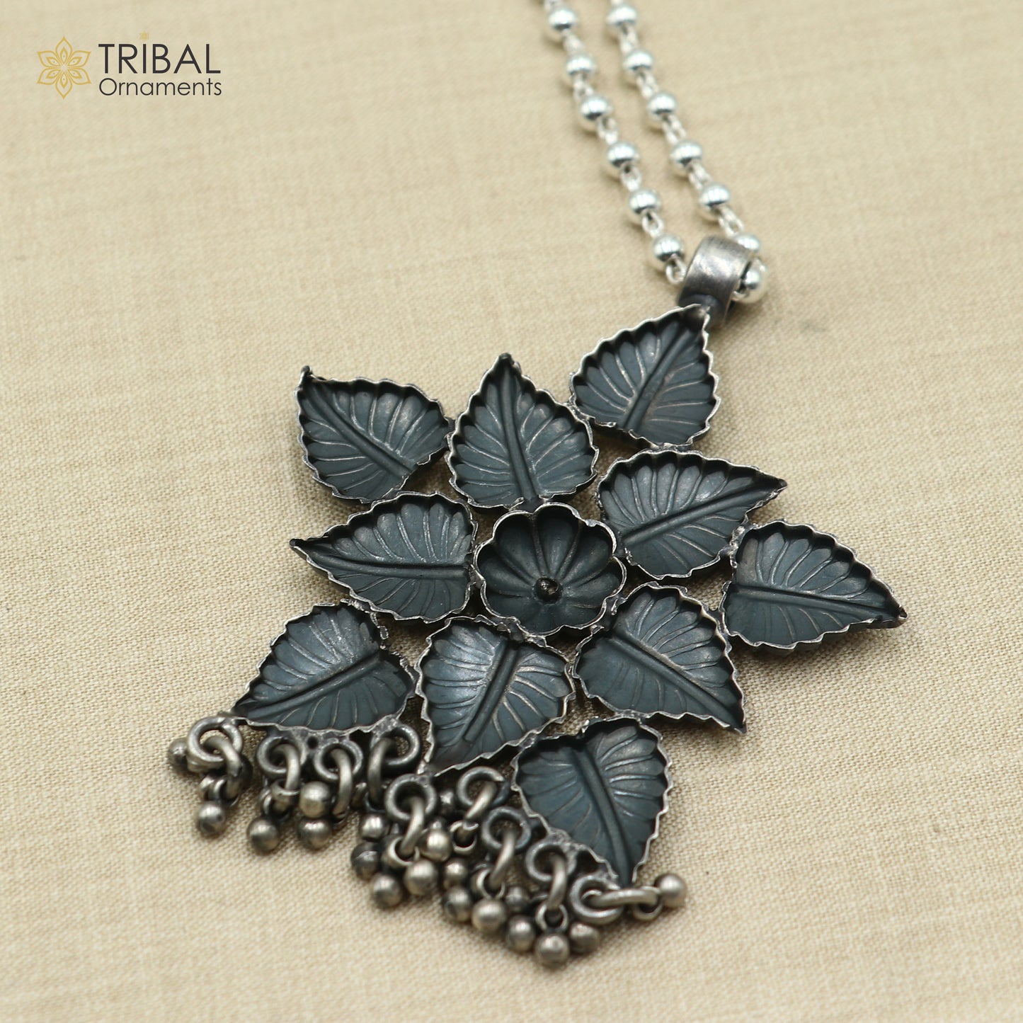 4 mm 26 inches beaded chain 925 sterling silver flower design charm necklace tribal jewelry set728