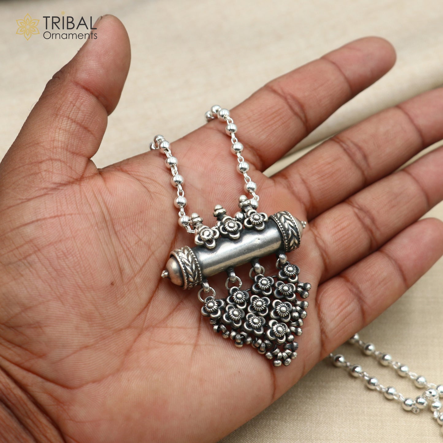 4 mm 26 inches beaded chain 925 sterling silver amulet ethnic necklace tribal jewelry set727