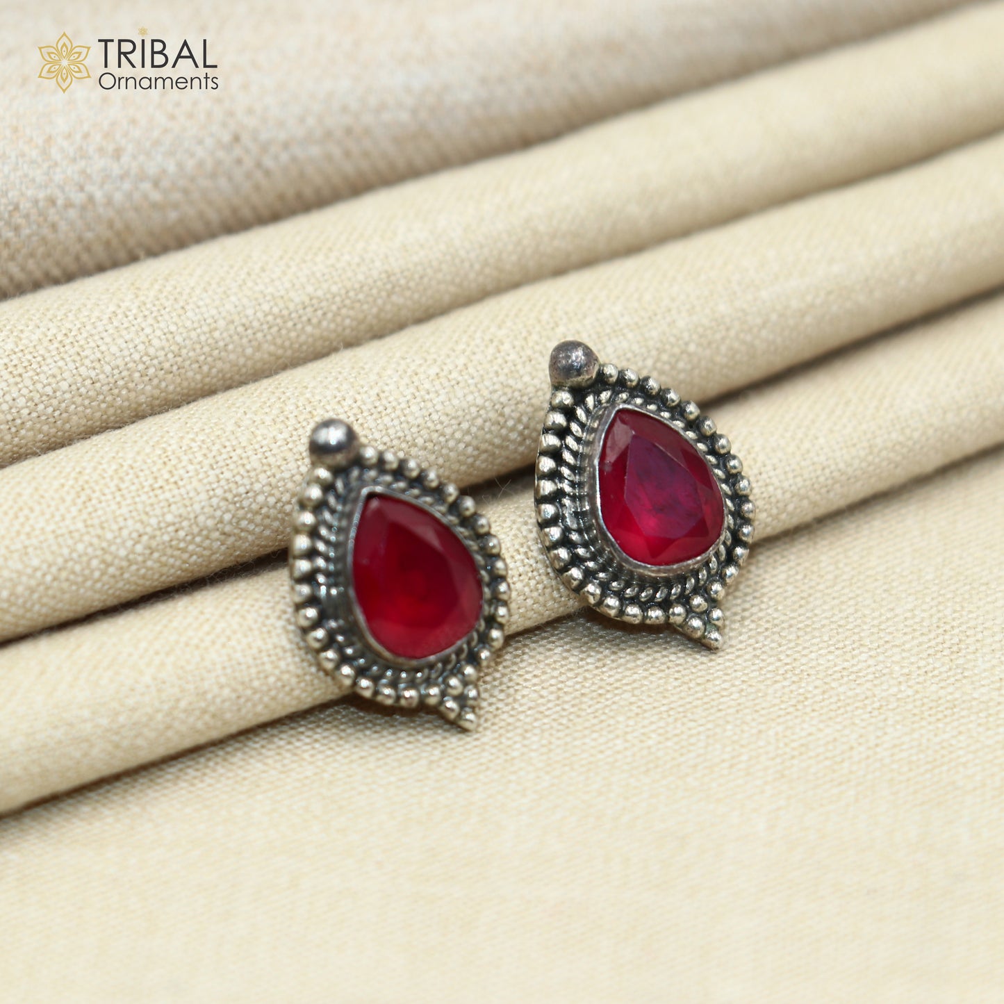 925 sterling silver vintage design pink stone ethnic stud earring s1372