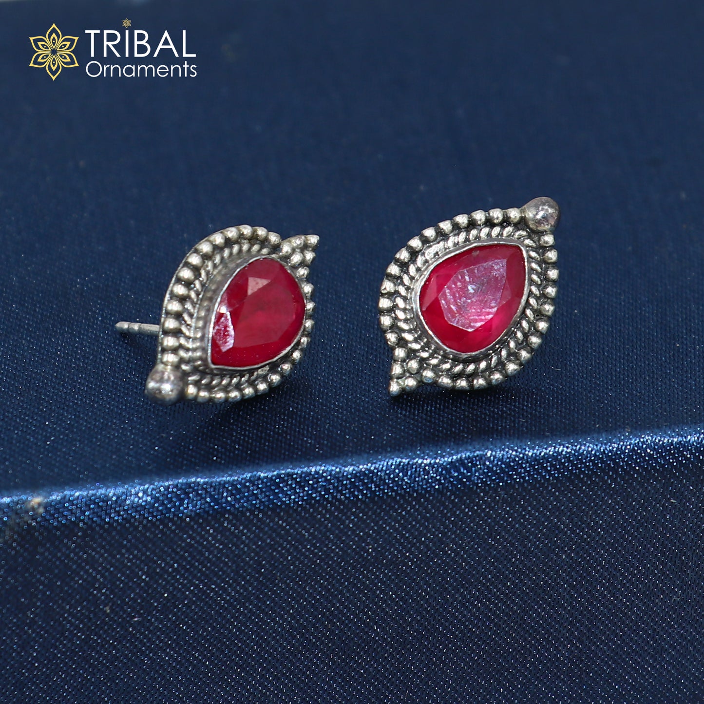 925 sterling silver vintage design pink stone ethnic stud earring s1372
