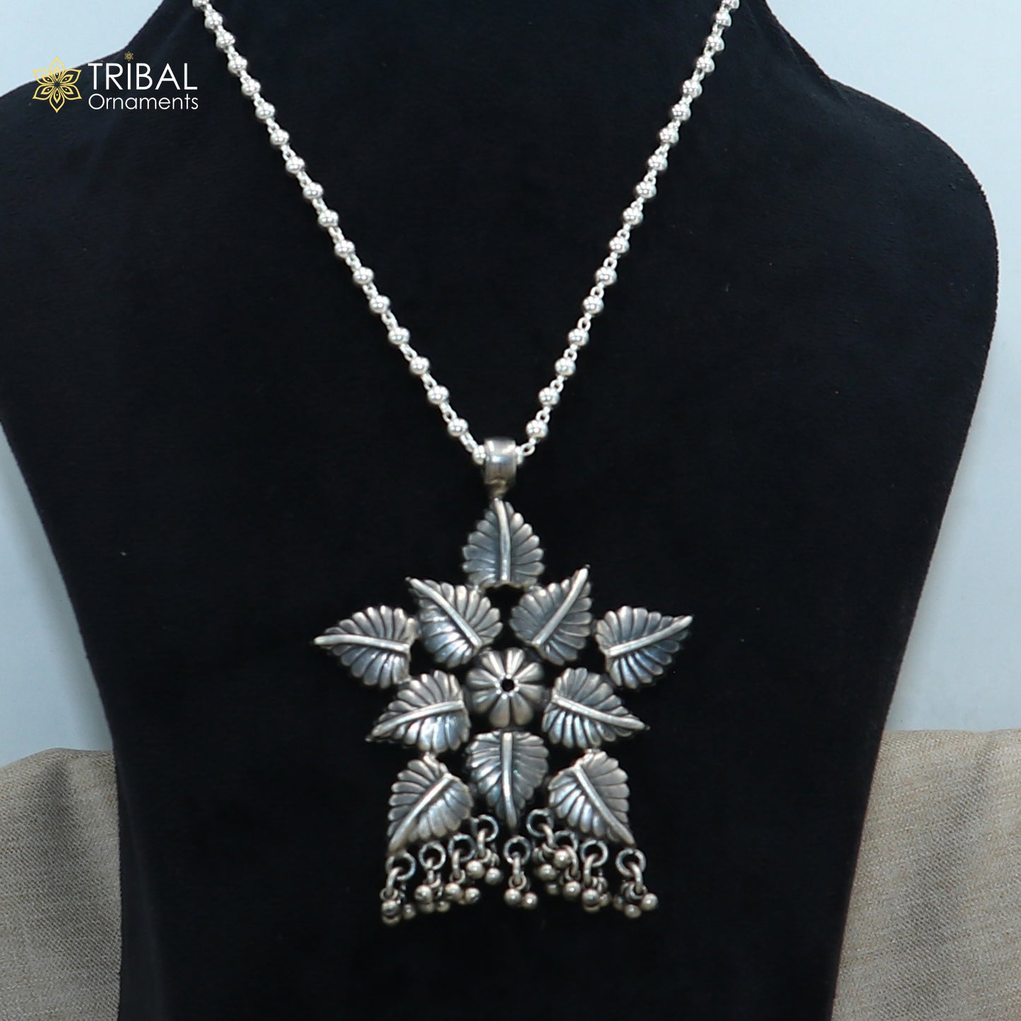 4 mm 26 inches beaded chain 925 sterling silver flower design charm necklace tribal jewelry set728