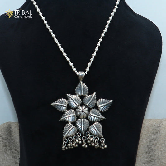 4 mm 26 inches beaded chain 925 sterling silver flower design charm necklace tribal jewelry set728