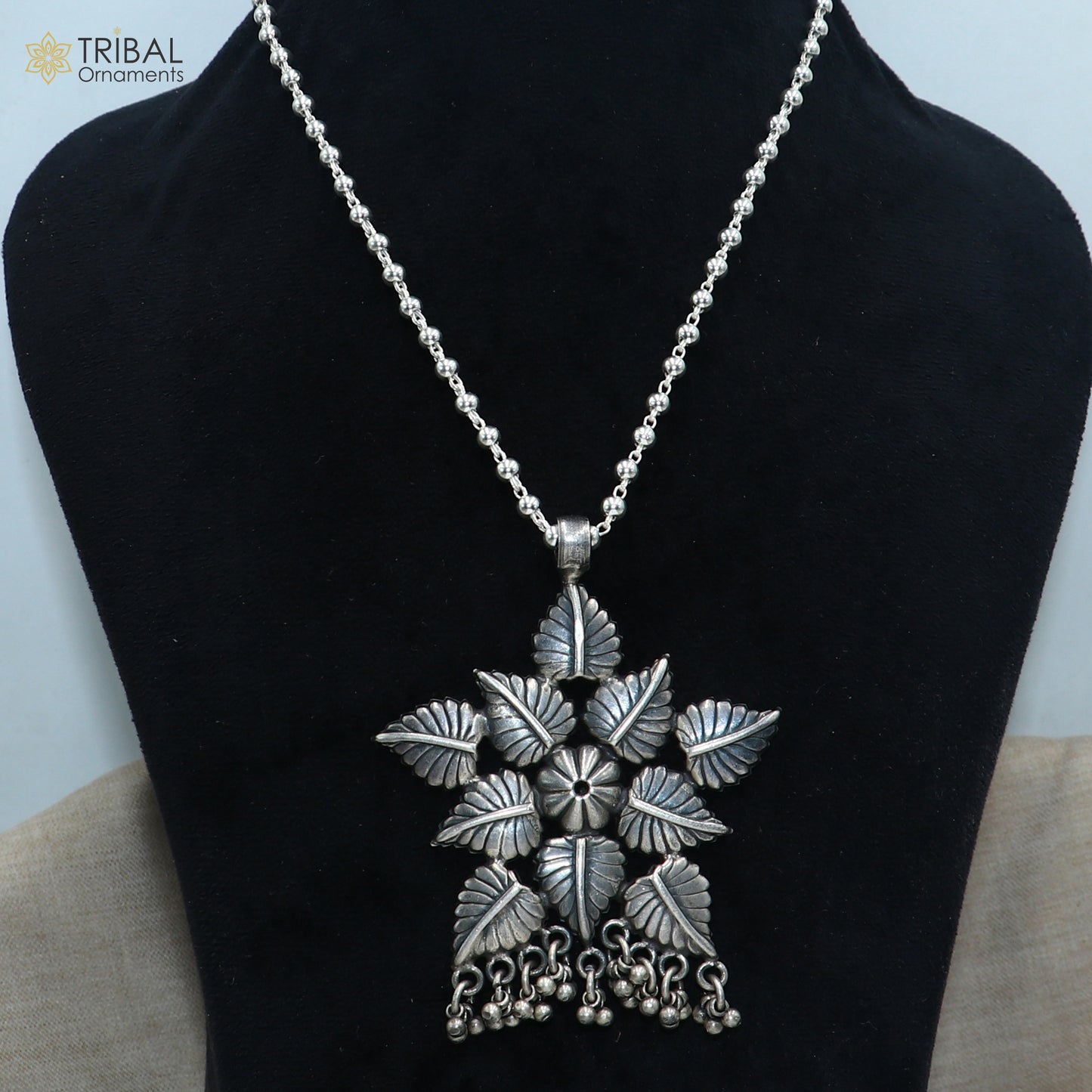 4 mm 26 inches beaded chain 925 sterling silver flower design charm necklace tribal jewelry set728