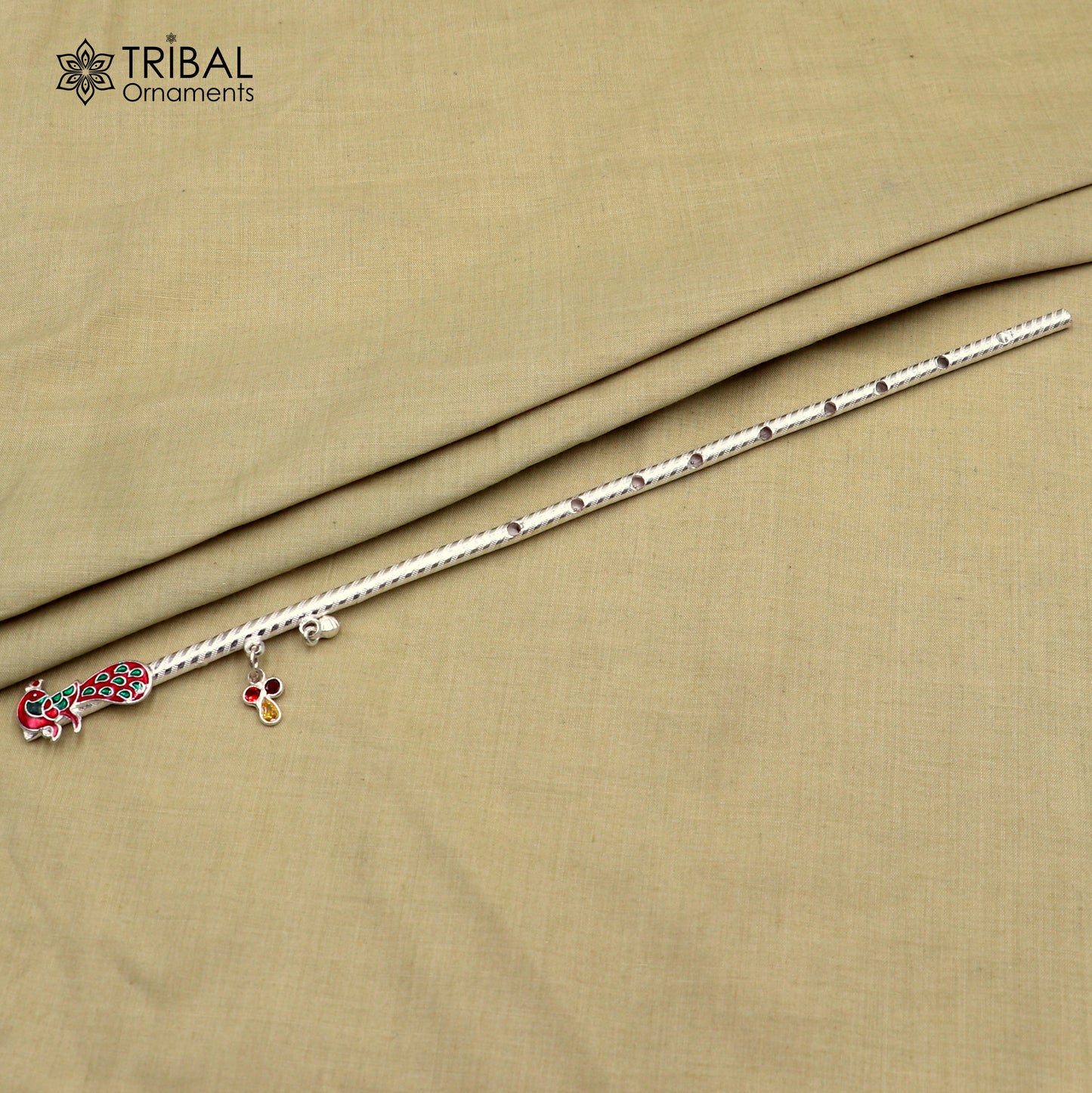 10.6" 925 sterling silver peacock design bansuri laddu Gopala flute, Krishna flute su1370