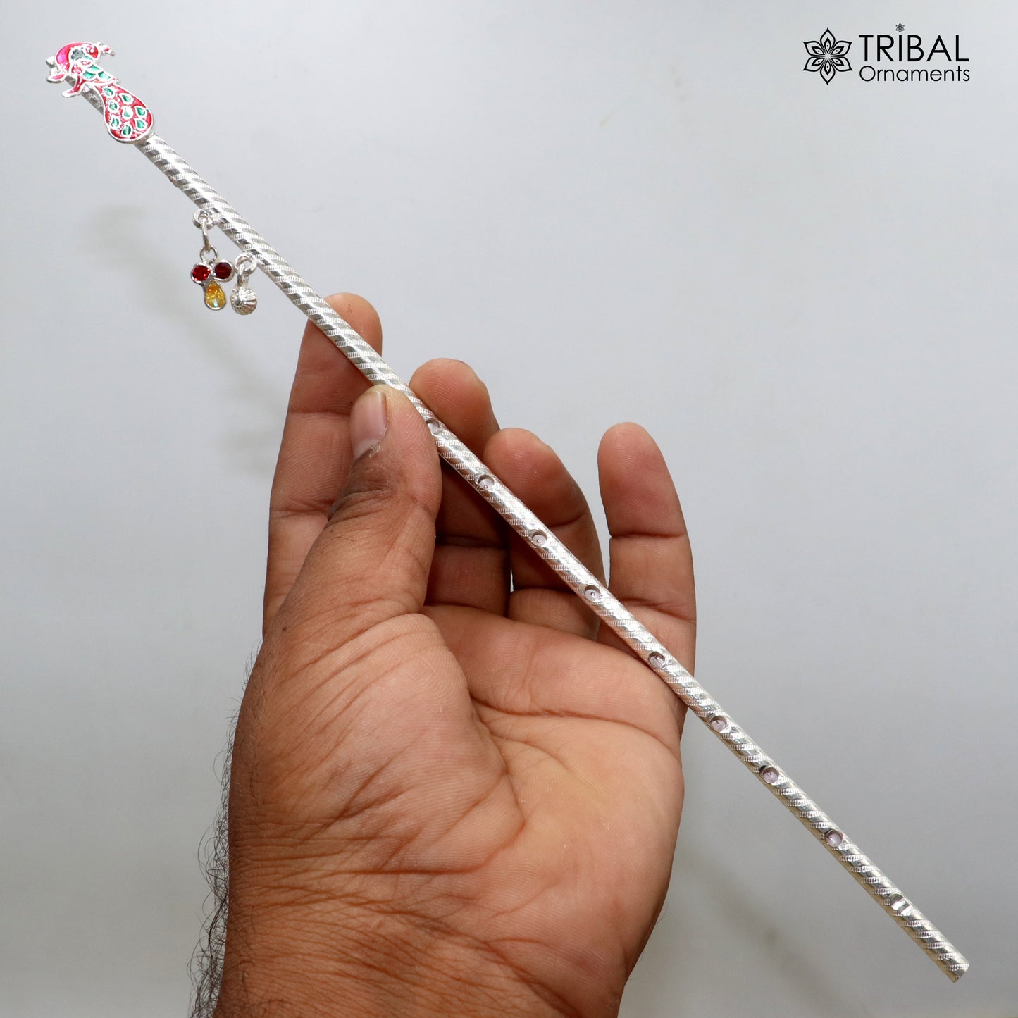 10.6" 925 sterling silver peacock design bansuri laddu Gopala flute, Krishna flute su1370