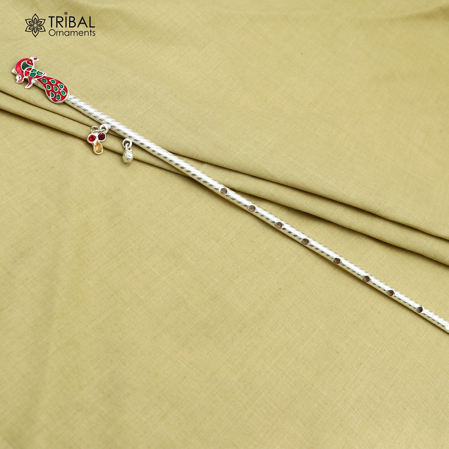 10.6" 925 sterling silver peacock design bansuri laddu Gopala flute, Krishna flute su1370