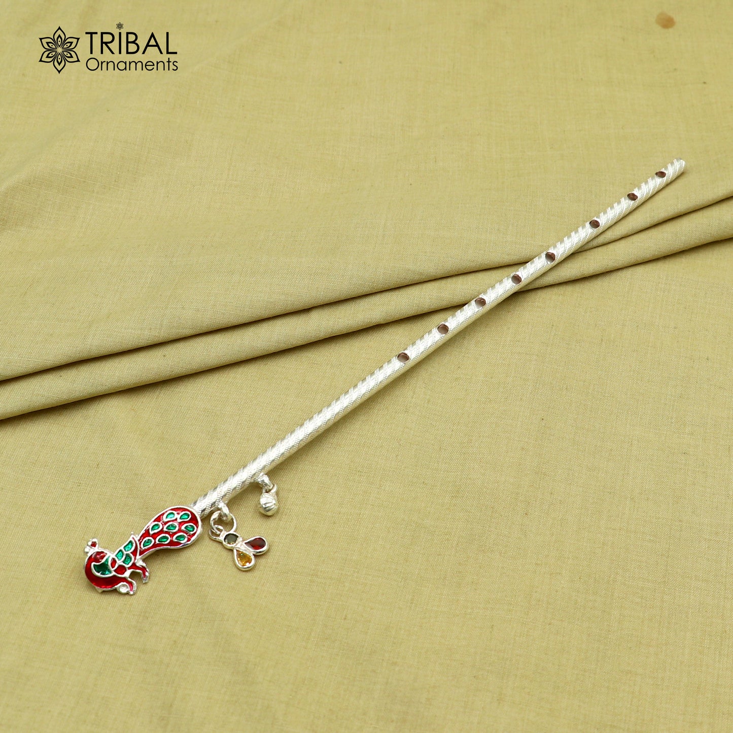 10.6" 925 sterling silver peacock design bansuri laddu Gopala flute, Krishna flute su1370