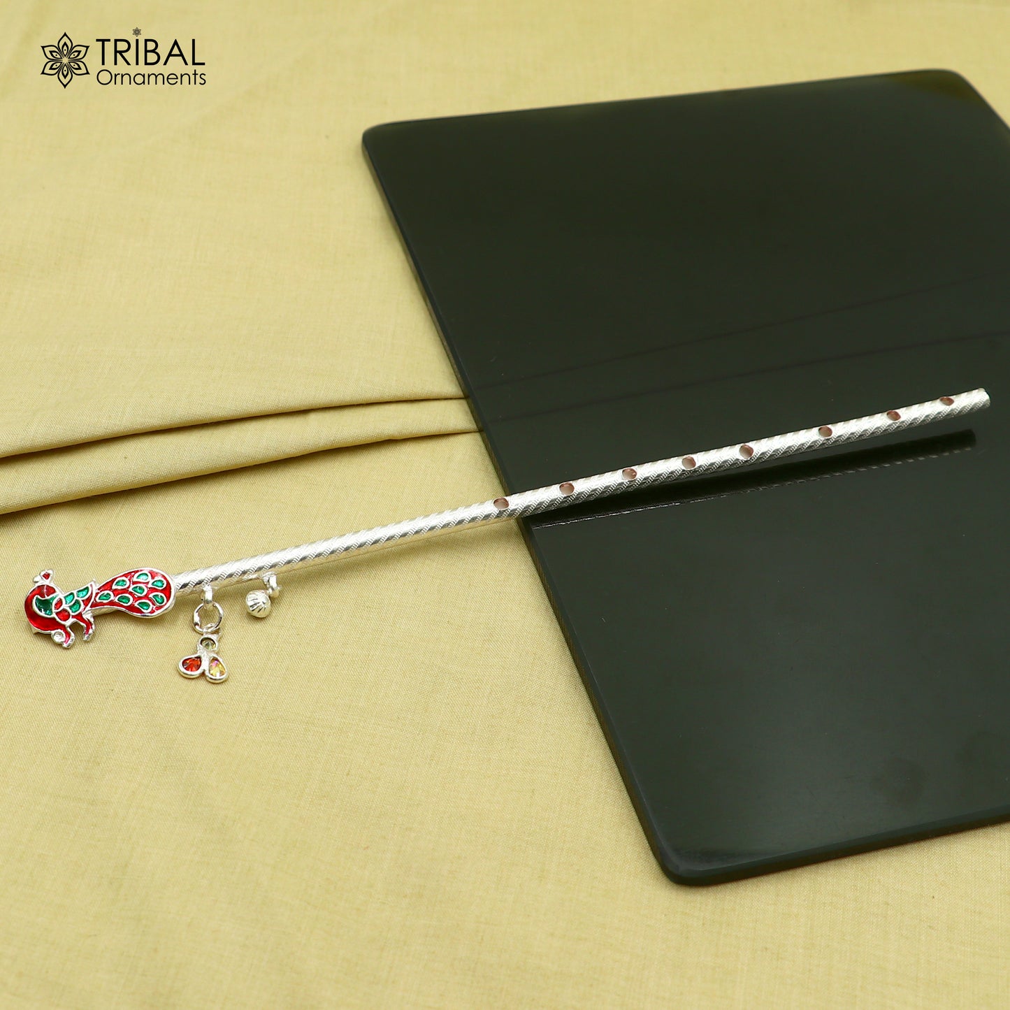 10.6" 925 sterling silver peacock design bansuri laddu Gopala flute, Krishna flute su1370
