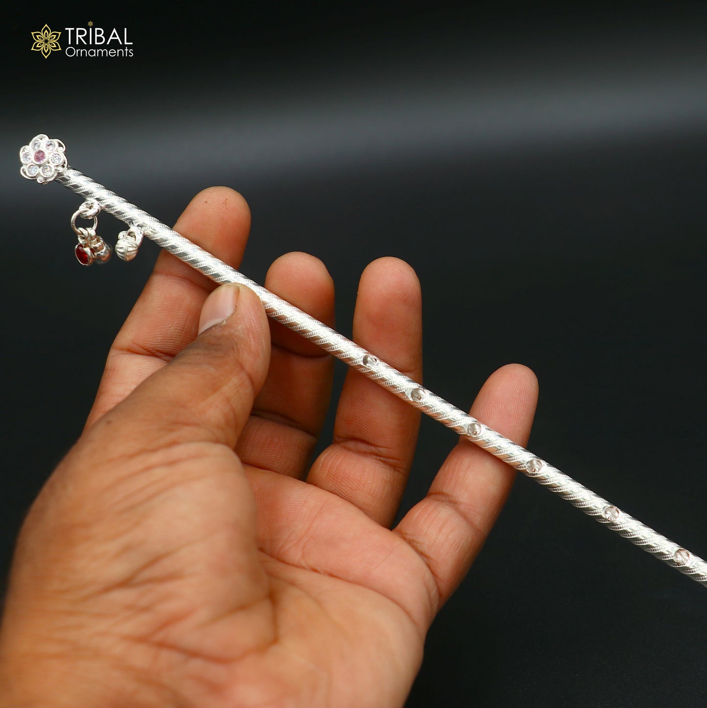 7.8" 925 sterling silver flower design bansuri laddu Gopala flute, Krishna flute su1372