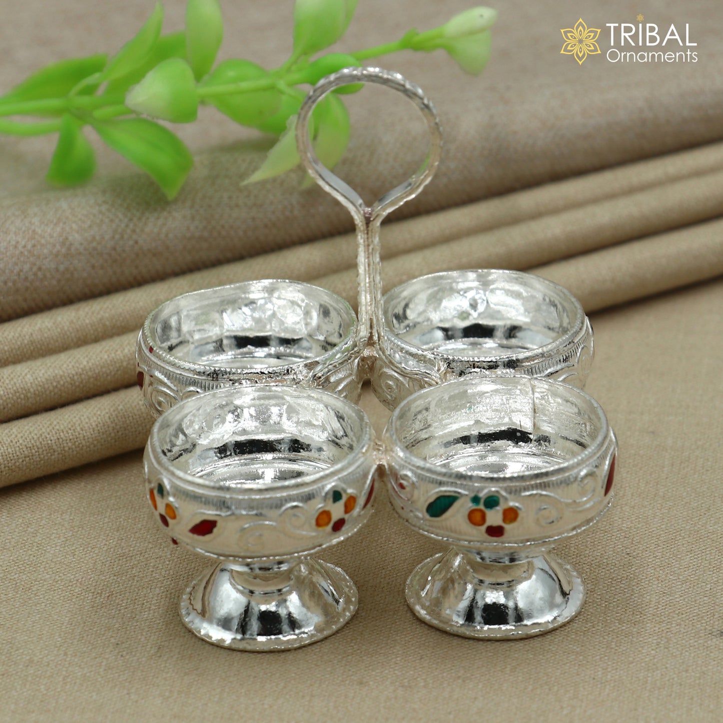 925 sterling silver flower design tilak combo mini bowl, tilak patra, puja utensils, temple article su1356