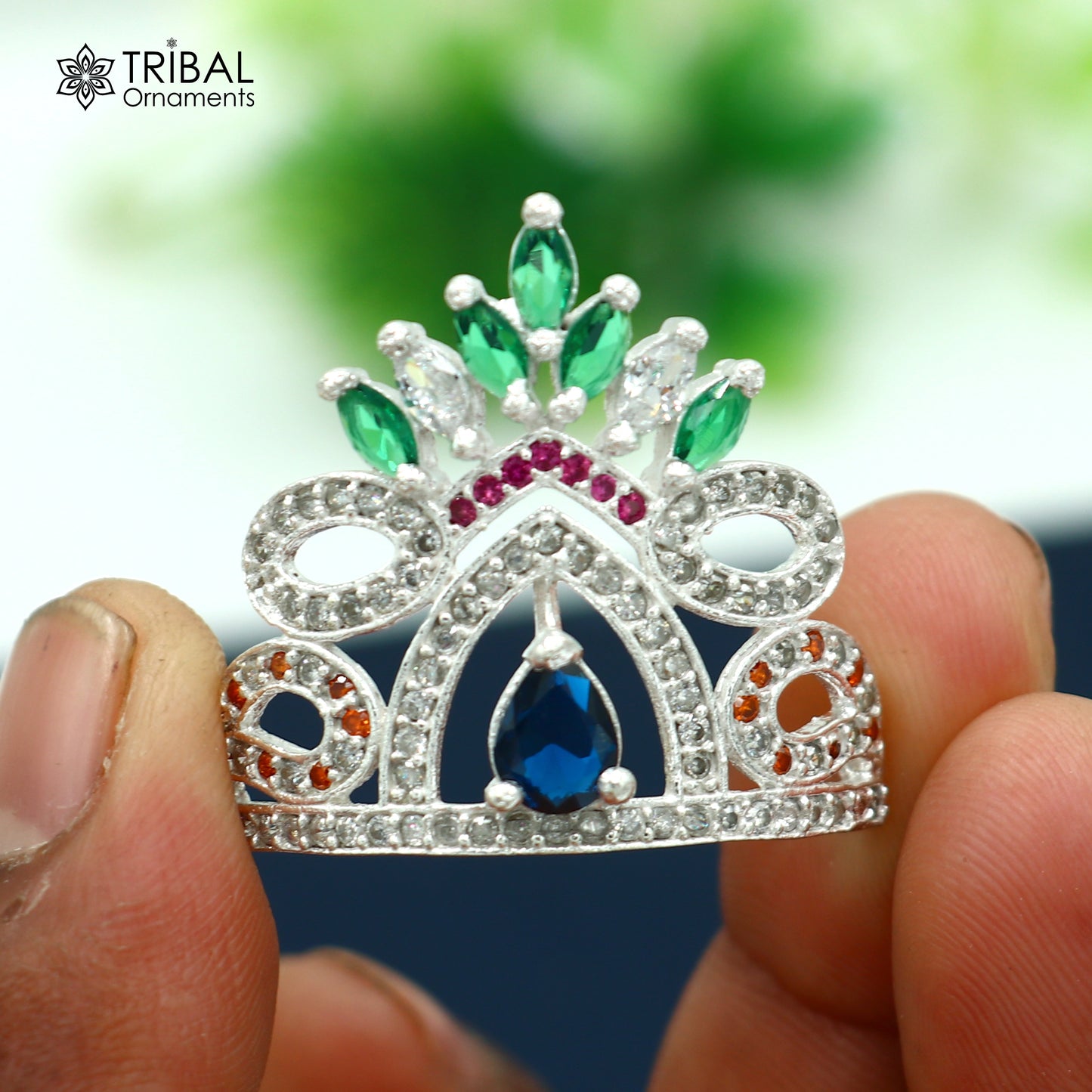 925 sterling silver antique stone design silver mukut (crown), amazing god crown temple god art sm49