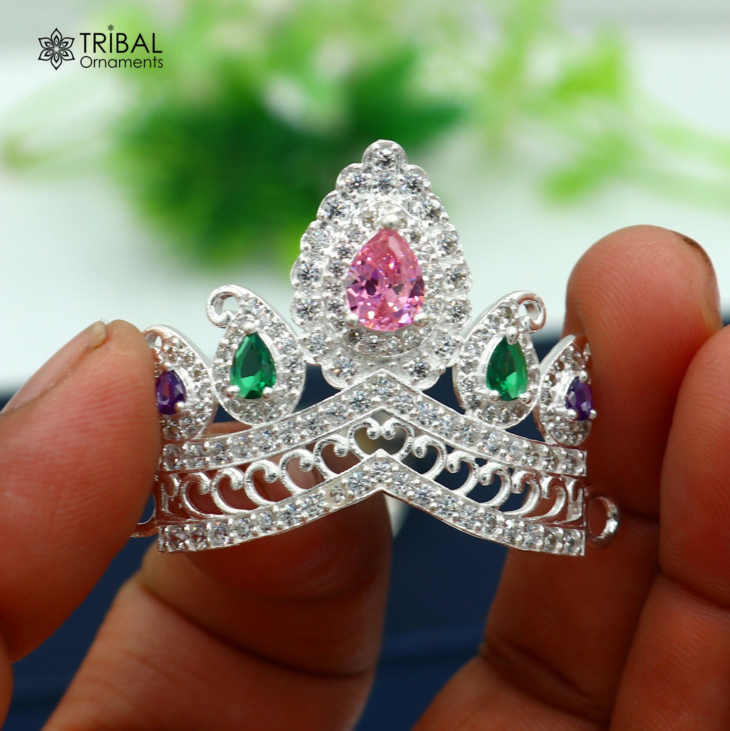 925 sterling silver antique stone design silver mukut (crown), amazing god crown temple god art sm50