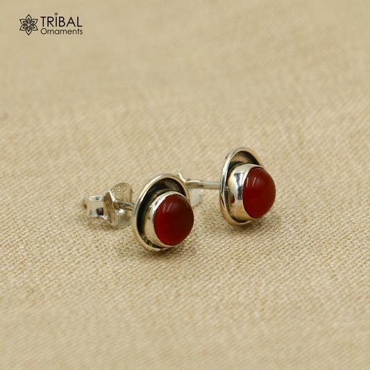 925 sterling silver gorgeous round shape gemstone coral stud earring best unisex jewelry s1408
