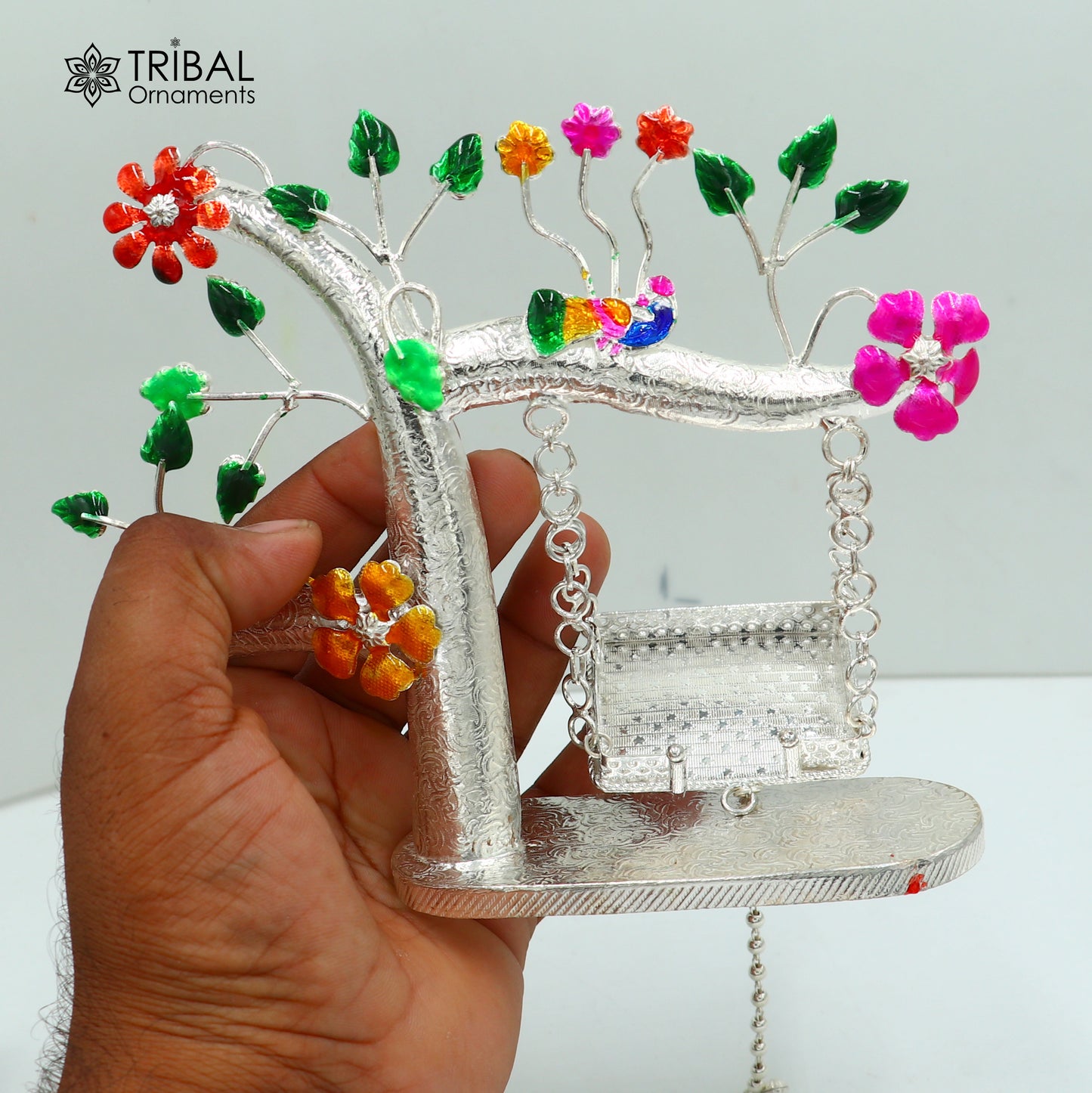 925 Sterling silver handmade laddu Gopala jhula, little Krishna swing on tree, child krishan Swing , silver jhula, laddu gopal jhula, su1051